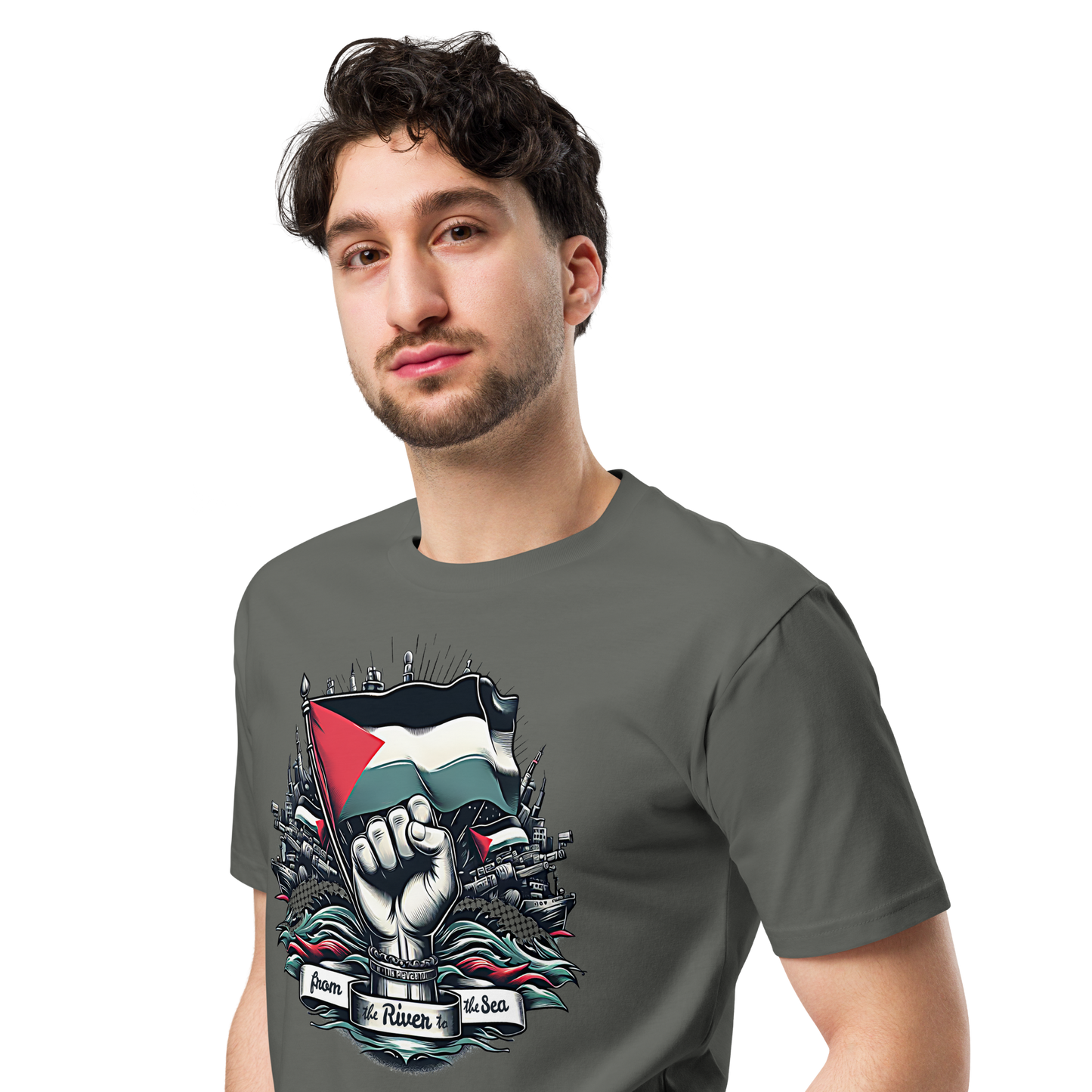 Unisex t-shirt with Palestinian flag design.