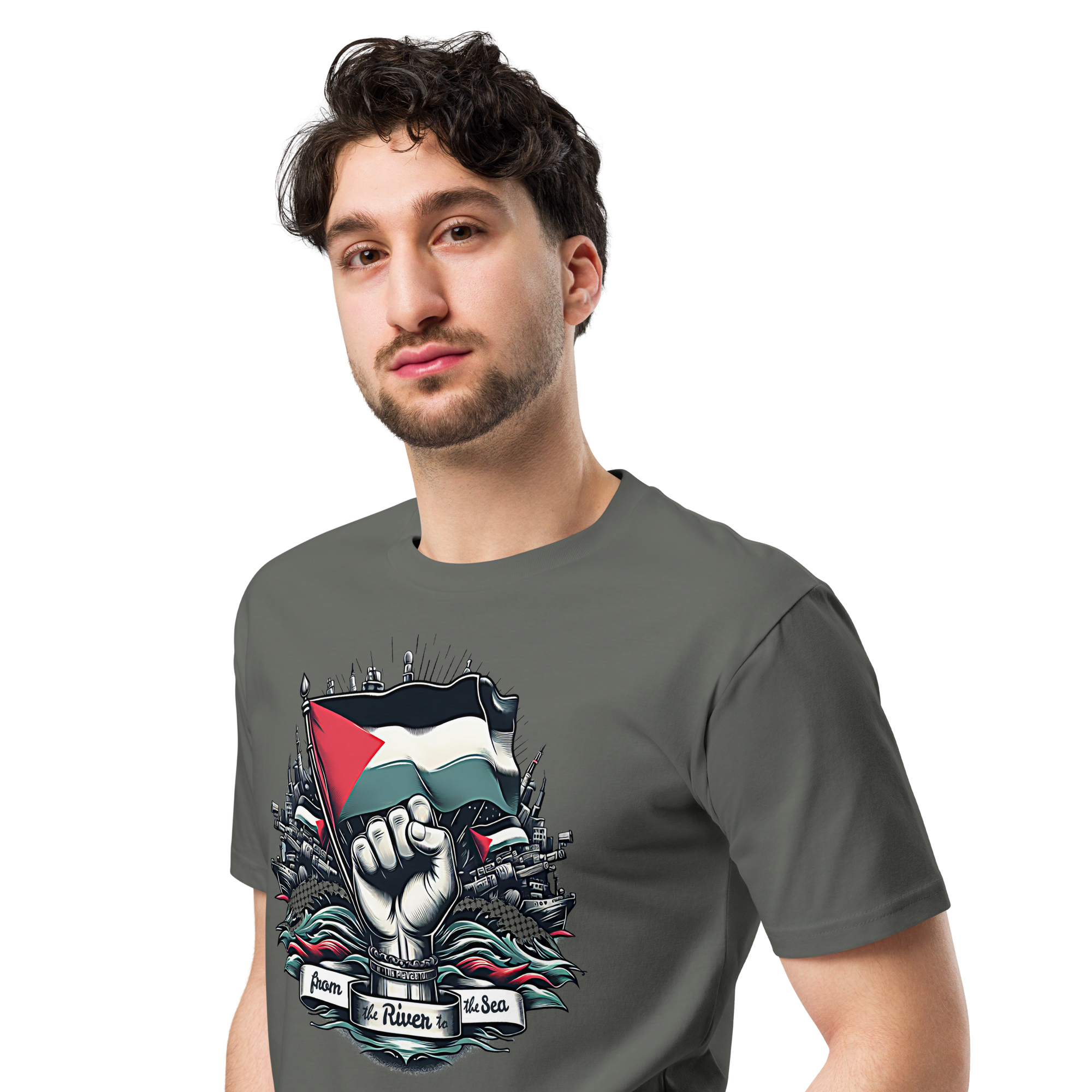 Unisex t-shirt with Palestinian flag design.